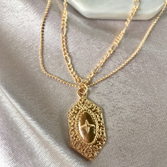 'Warrior' Layered Cross Shield Gold Necklace - Picture 4 of 9